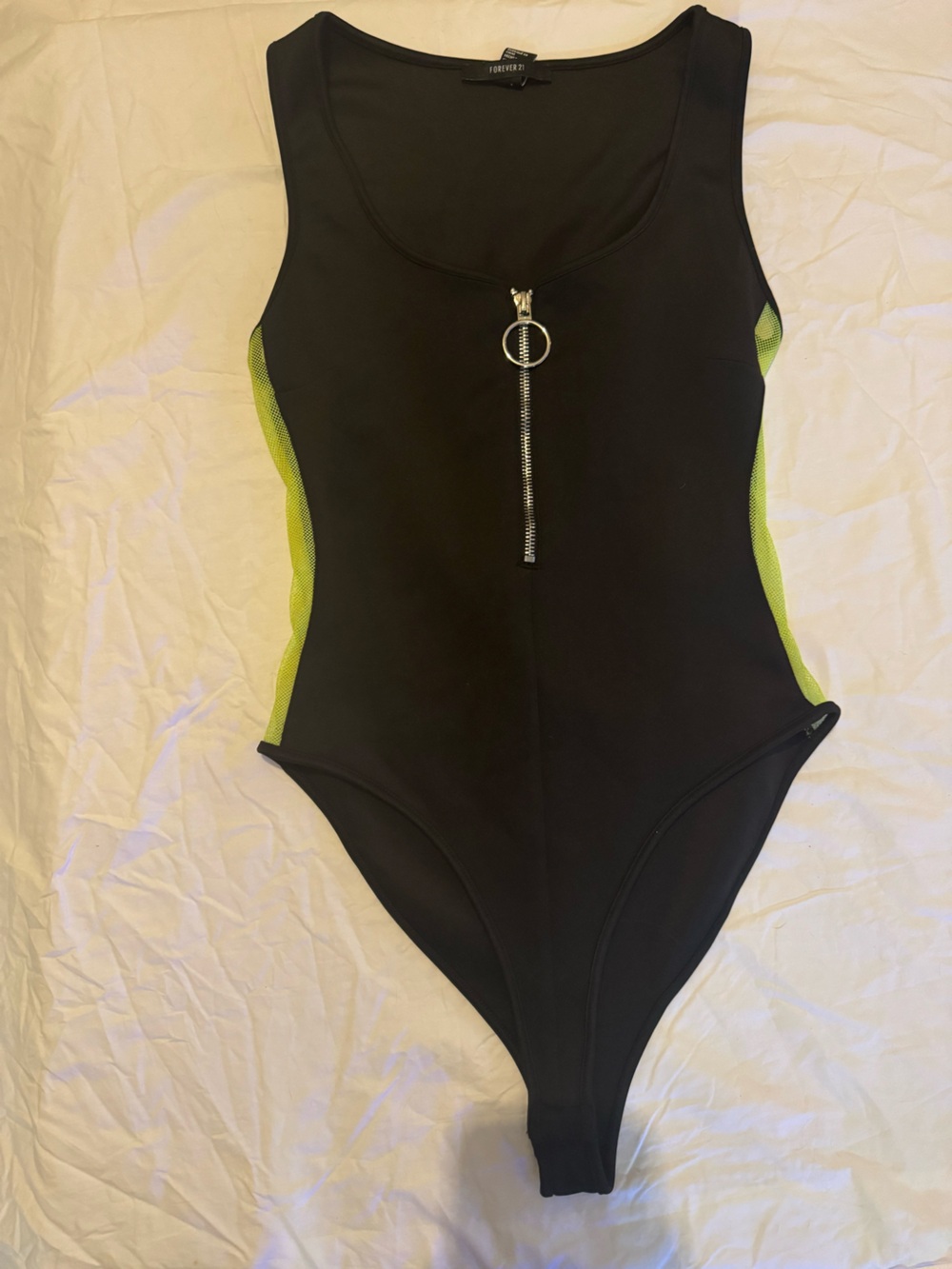 Forever 21 Black One-piece bodysuit with Neon Yellow mesh Panels and Front zip